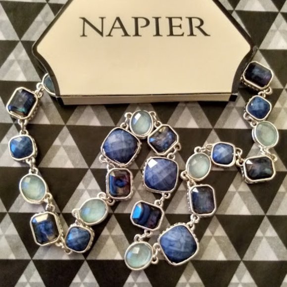 Napier Jewelry - NAPIER Modern Midnight Blue/Abalone Shell/Sea Glass Faceted Stone Necklace**NEW!